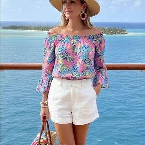 NWT STELLA PARKER Tropical Pineapple Off Shoulder Bell Sleeve Vacation Blouse XL